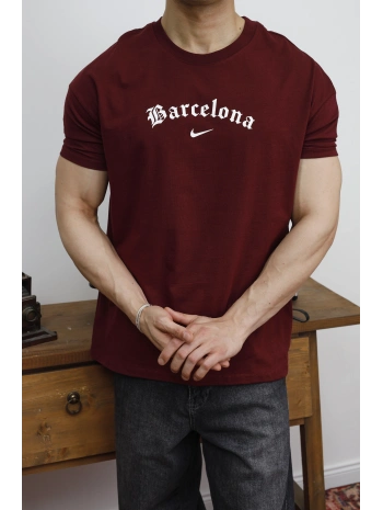 OVERSİZE BARCELONA BASKI BORDO KOLLAR DAR KESİM T-SHİRT