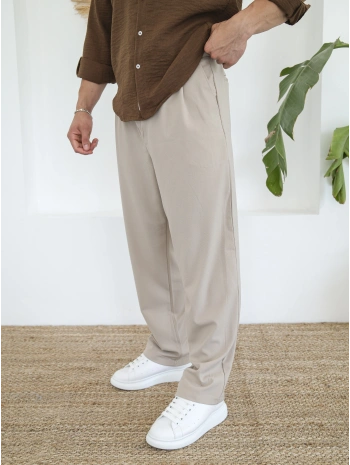 BAGGY PİLELİ KREM KUMAŞ PANTOLON