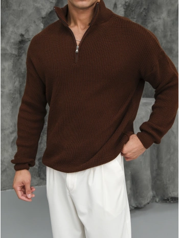 Erkek Acı Kahve Fermuar Yaka Kazak