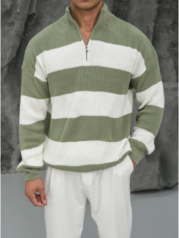 Erkek Fıstık Yeşili Triko Fermuar Yaka Çizgili Kazak