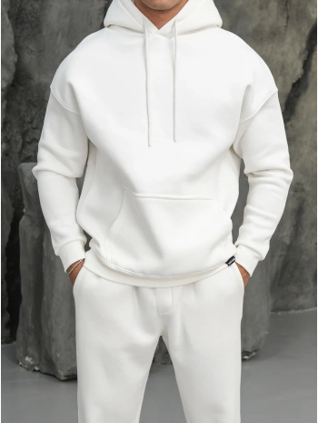 Erkek Beyaz Kapüşonlu Hoodie Sweatshirt