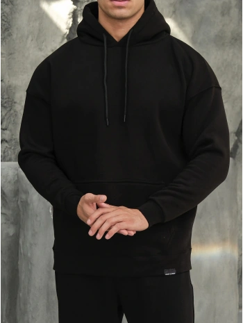 Erkek Siyah Kapüşonlu Hoodie Sweatshirt
