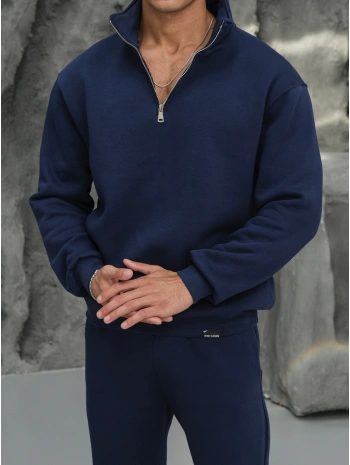 Erkek İndigo Fermuar Yaka Sweatshirt