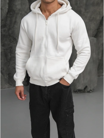 Erkek Beyaz Kapüşonlu Fermuarlı Sweatshirt