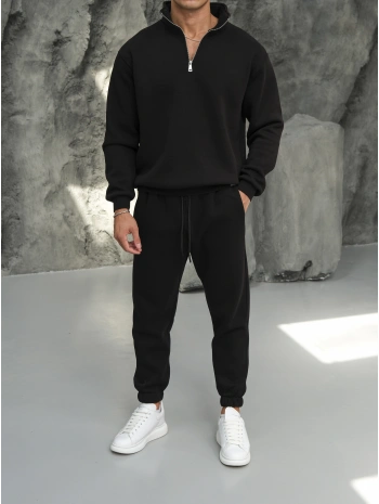 Erkek Siyah Fermuar Yaka Jogger Eşofman Takımı