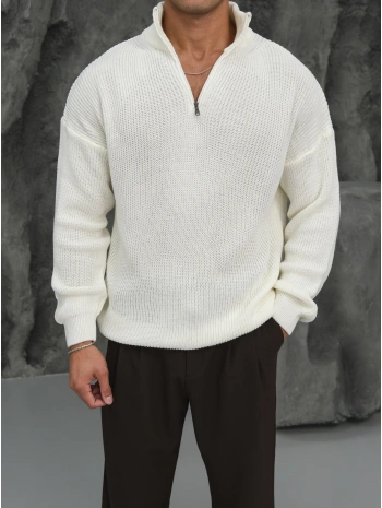 Erkek Beyaz Triko Fermuar Yaka Kazak