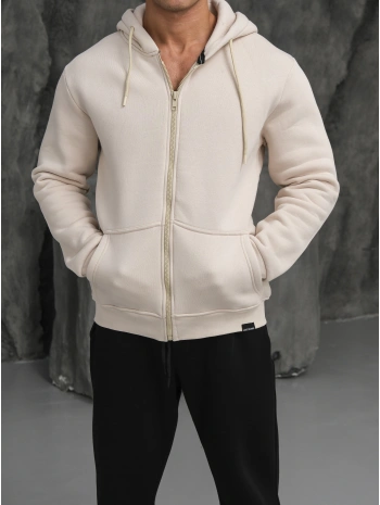 Erkek Bej Kapüşonlu Fermuarlı Sweatshirt