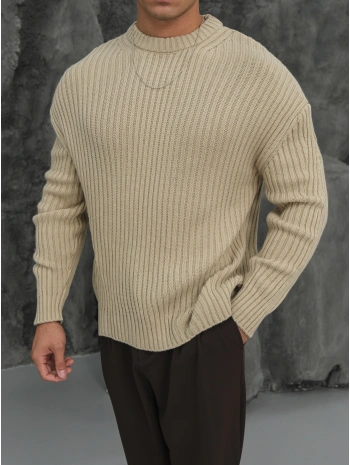 Erkek Ekru Triko Örme Kazak