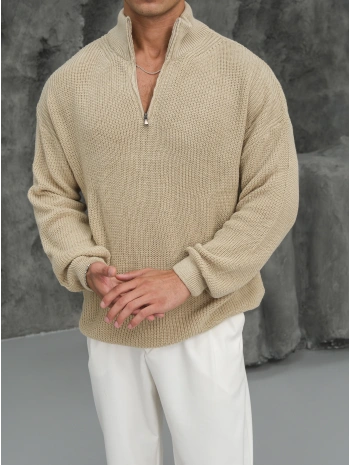 Erkek Bej Fermuar Yaka Kazak