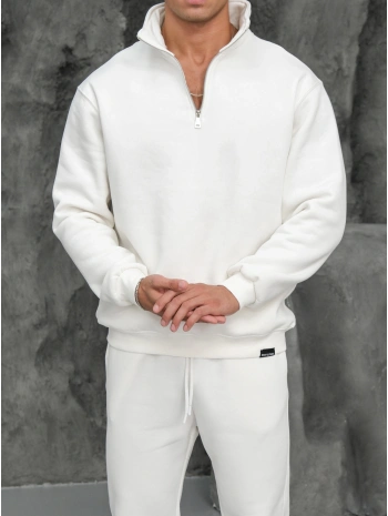 Erkek Beyaz Fermuar Yaka Sweatshirt