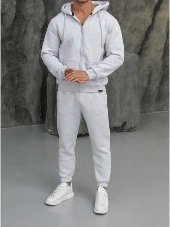 Erkek Gri Kapüşonlu Fermuarlı Jogger Eşofman Takımı