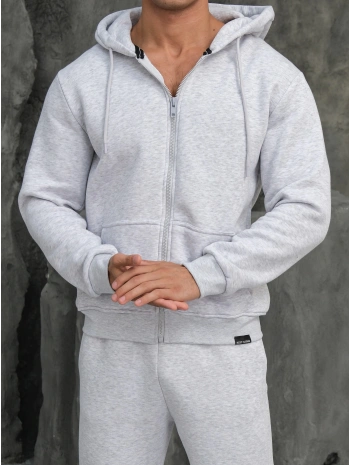 Erkek Gri Kapüşonlu Fermuarlı Sweatshirt