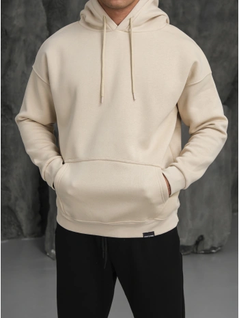 Erkek Bej Kapüşonlu Hoodie Sweatshirt