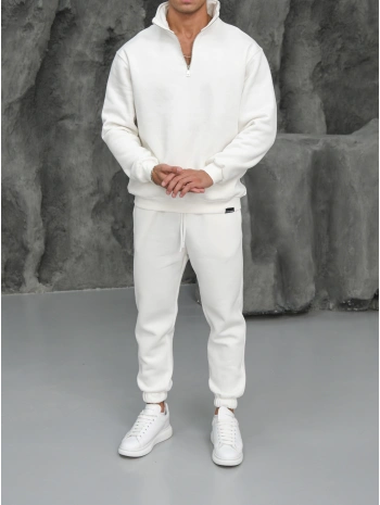Erkek Beyaz Fermuar Yaka Jogger Eşofman Takımı