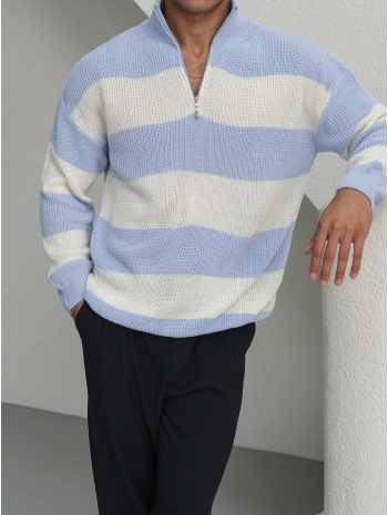 Erkek Bebe Triko Fermuar Yaka Çizgili Kazak