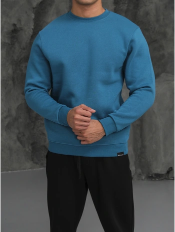 Erkek Petrol Oversize Kollar Dar Kesim Basic Sweatshirt