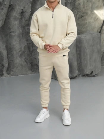Erkek Bej Fermuar Yaka Jogger Eşofman Takımı