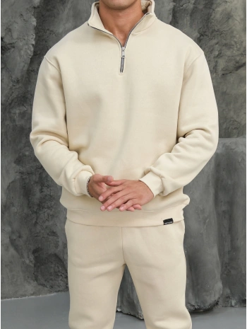 Erkek Bej Fermuar Yaka Sweatshirt