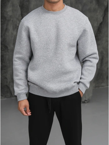 Erkek Gri Melanj Oversize Kollar Dar Kesim Basic Sweatshirt