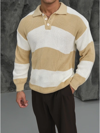 Erkek Hardal Triko Polo Yaka Çizgili Kazak