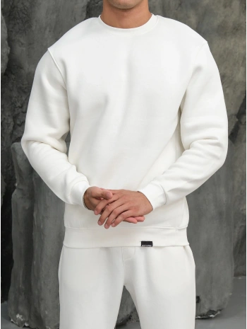 Erkek Beyaz Oversize Kollar Dar Kesim Basic Sweatshirt