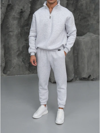 Erkek Gri Melanj Fermuar Yaka Jogger Eşofman Takımı
