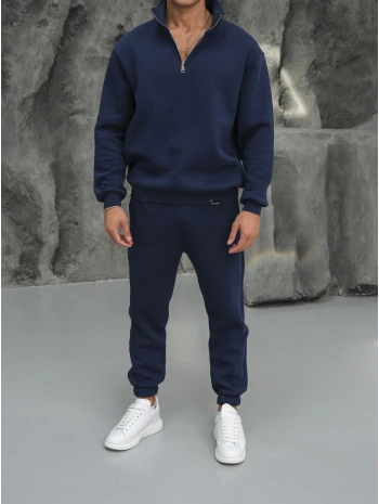 Erkek İndigo Fermuar Yaka Jogger Eşofman Takımı