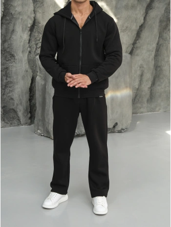 Erkek Siyah Kapüşonlu Fermuarlı Eşofman Takımı