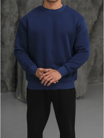 Erkek İndigo Oversize Kollar Dar Kesim Basic Sweatshirt