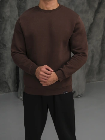 Erkek Kahverengi Oversize Kollar Dar Kesim Basic Sweatshirt