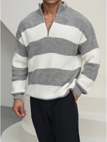 Erkek Gri Triko Fermuar Yaka Çizgili Kazak