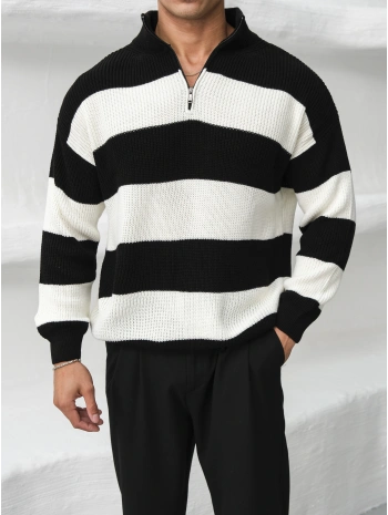 Erkek Siyah Triko Fermuar Yaka Çizgili Kazak