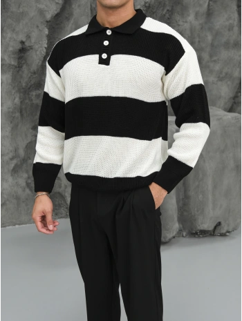 Erkek Siyah Triko Polo Yaka Çizgili Kazak