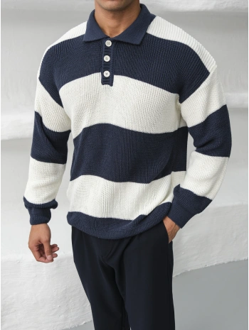 Erkek İndigo Triko Polo Yaka Çizgili Kazak