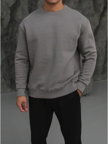 Erkek Gri Oversize Kollar Dar Kesim Basic Sweatshirt