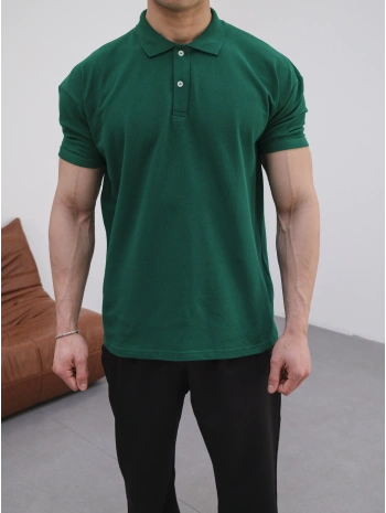 KOYU YEŞİL POLO YAKA OVERSİZE KOLLAR DAR KESİM T-SHİRT