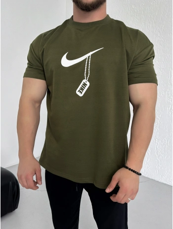 Oversize Nike Haki Zincir Baskı Kollar Dar Kesim Tshirt