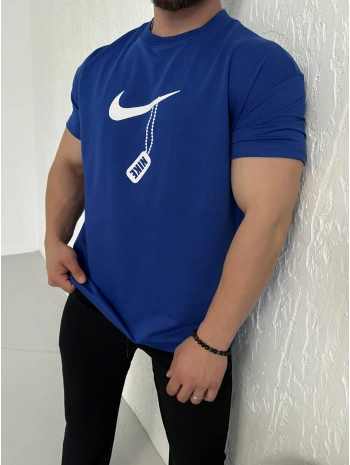 Oversize Nike Saks Mavisi Zincir Baskı Kollar Dar Kesim Tshirt