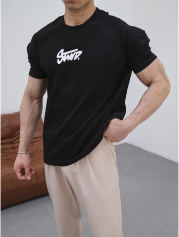 OVERSİZE SİYAH SWD BASKILI KOLLAR DAR KESİM T-SHİRT