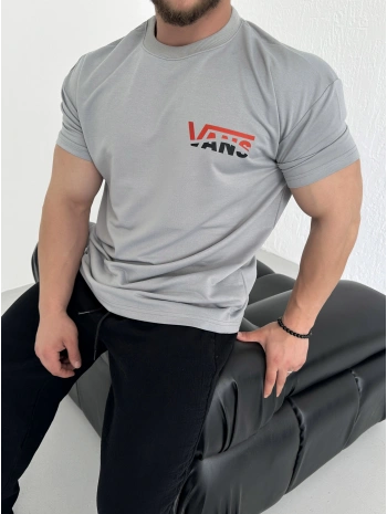Oversize Vans Gri Baskılı Kollar Dar Kesim T-Shirt