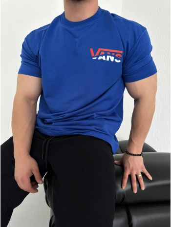 Oversize Vans Saks Mavisi Baskılı Kollar Dar Kesim T-Shirt