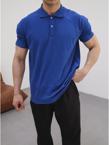 SAKS MAVİSİ POLO YAKA OVERSİZE KOLLAR DAR KESİM T-SHİRT