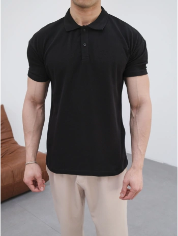 SİYAH POLO YAKA OVERSİZE KOLLAR DAR KESİM T-SHİRT