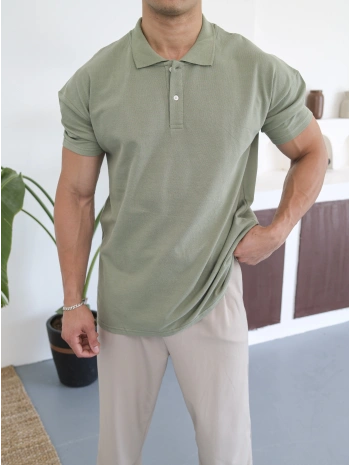 SU YEŞİLİ POLO YAKA OVERSİZE KOLLAR DAR KESİM T-SHİRT