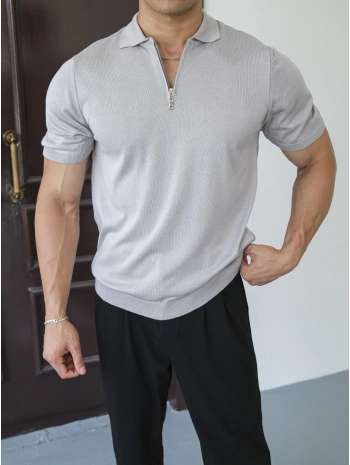 TRİKO GRİ FERMUAR YAKA T-SHİRT