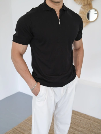 TRİKO SİYAH FERMUAR YAKA T-SHİRT