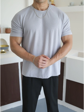 WAFFLE KUMAŞ GRİ KOLLAR DAR KESİM T-SHİRT