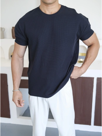 WAFFLE KUMAŞ LACİVERT KOLLAR DAR KESİM T-SHİRT