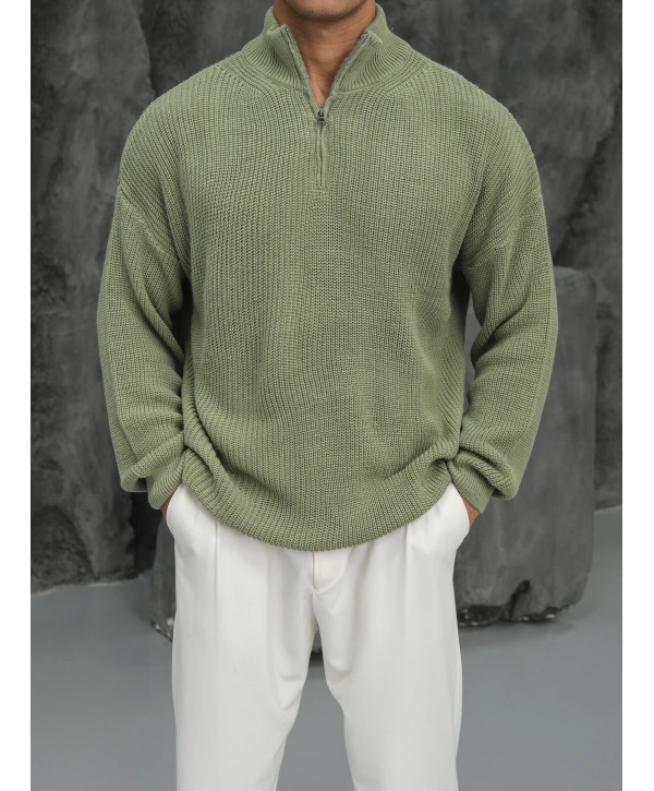 Erkek Fıstık Yeşili Fermuar Yaka Kazak