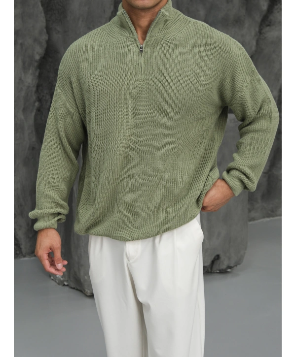 Erkek Fıstık Yeşili Fermuar Yaka Kazak